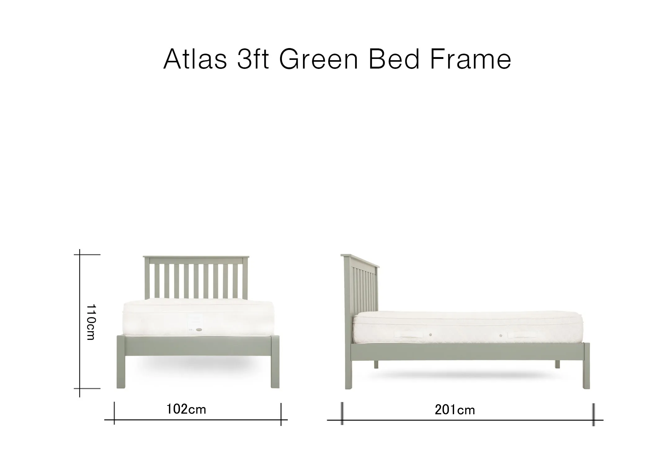 A dimension image of the Atlas Green 3ft Bedframe with 102cm (width) x 201cm (length) x 110cm (height)