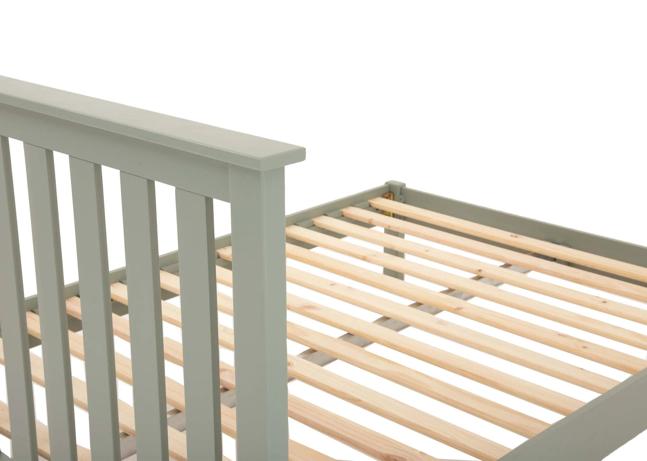 A light green pine wood 3ft single bed frame from EZ Living Furnitures Atlas range. Closeup of slat wood base