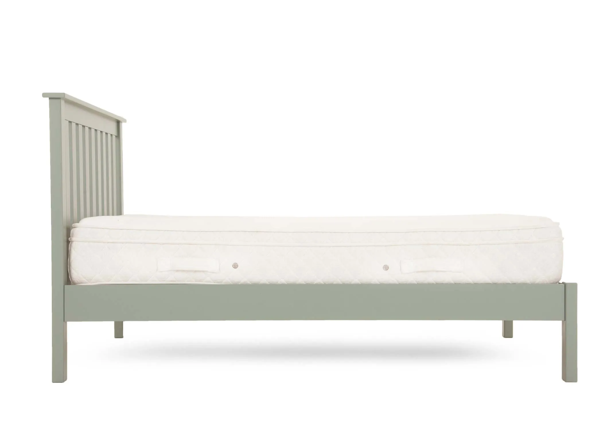 A light green pine wood 3ft single bed frame from EZ Living Furnitures Atlas range. Side view with mattress not included