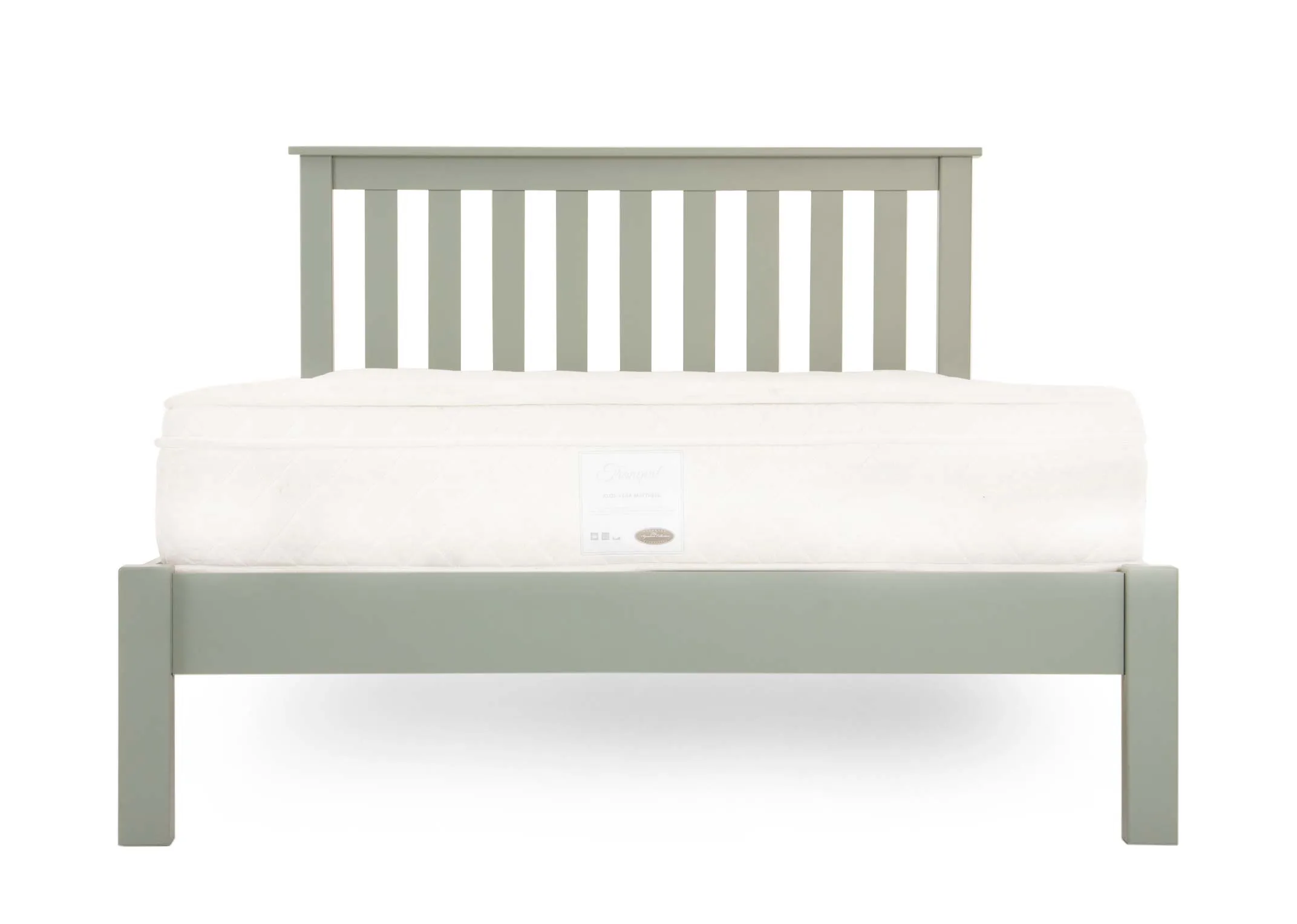 A light green pine wood 3ft single bed frame from EZ Living Furnitures Atlas range. Front view shows high legs and slats on headboard