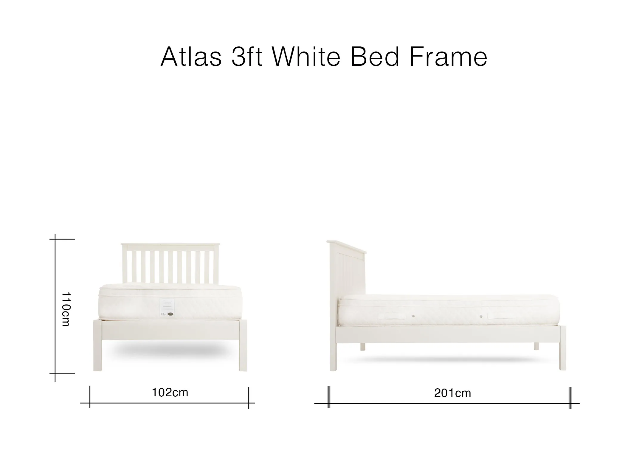 A dimension image of the Atlas 3ft Bedframe with 102cm (width) x 201cm (length) x 110cm (height)