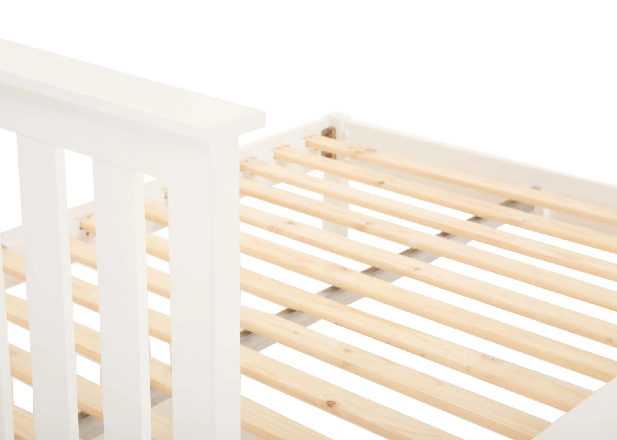A white pine wood 3ft bedframe from EZ Living Furnitures Atlas range. Closeup of slat wood base