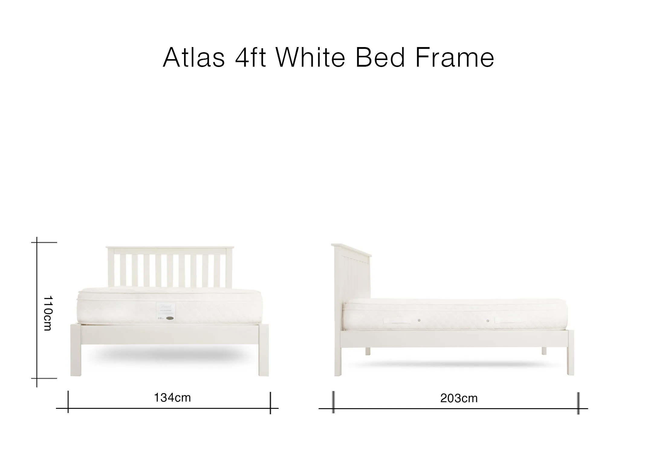 A dimension image of the Atlas 4ft Bed with 134cm (width) x 203cm (Length) x 110cm (height)