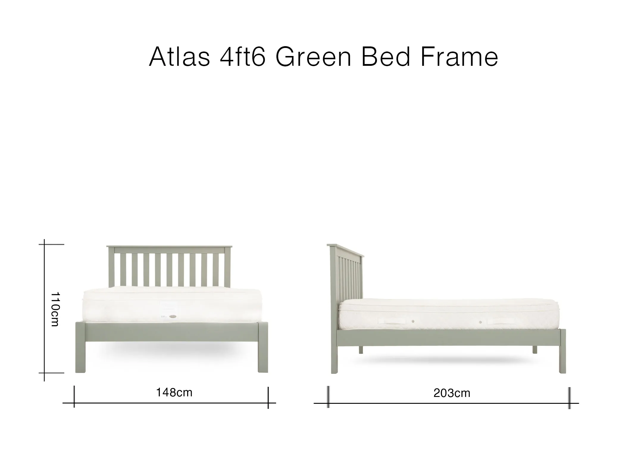 A dimension image of the Atlas Green 4ft6 Bedframe with 148cm x 203cm x 110cm
