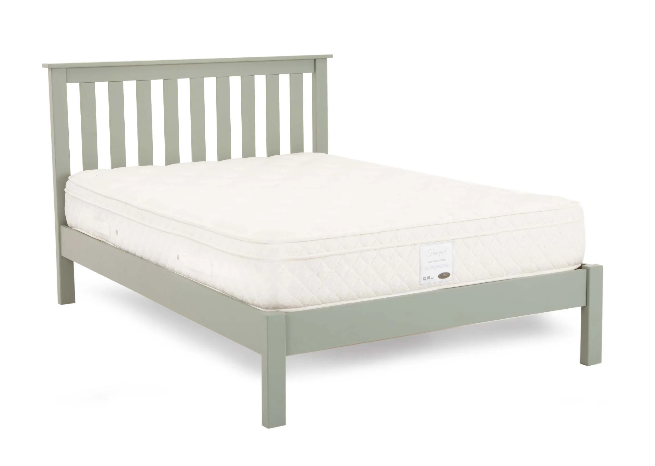 A light green 4ft6 bedframe from EZ Livings Atlas range. Angled view of slatted headboard and high legs