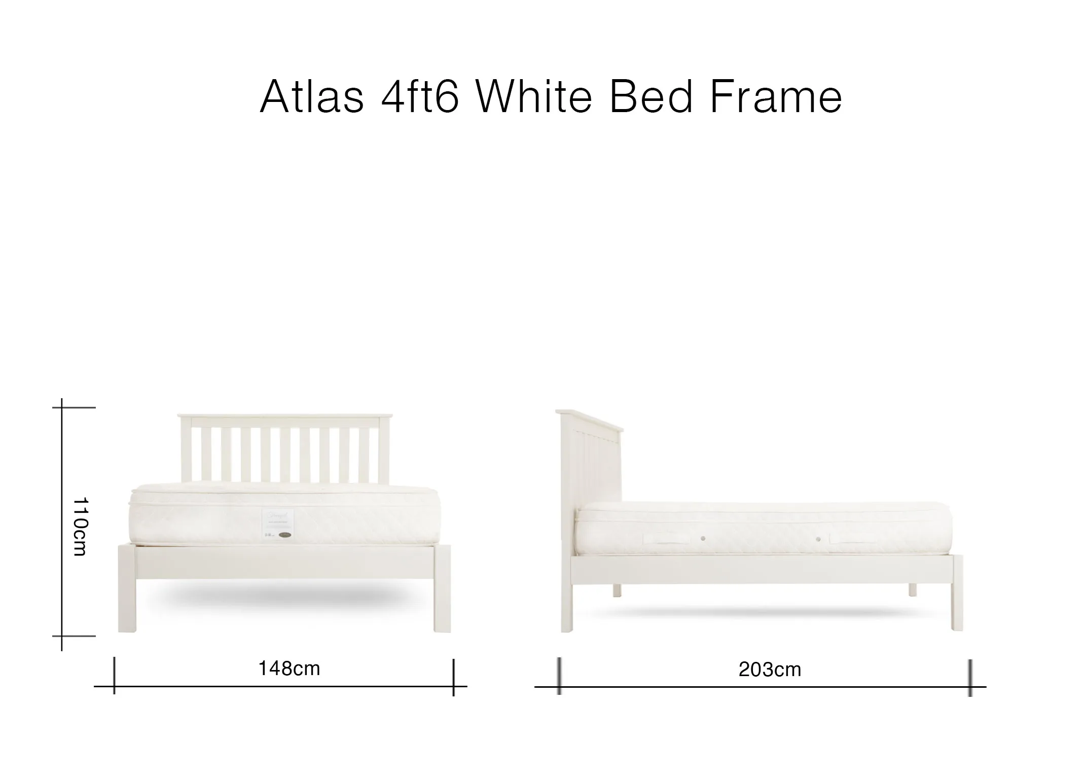 A dimension image for the Atlas 4ft 6 Bed frame with 148cm (width) x 203cm (length) x 110cm (Hieght)