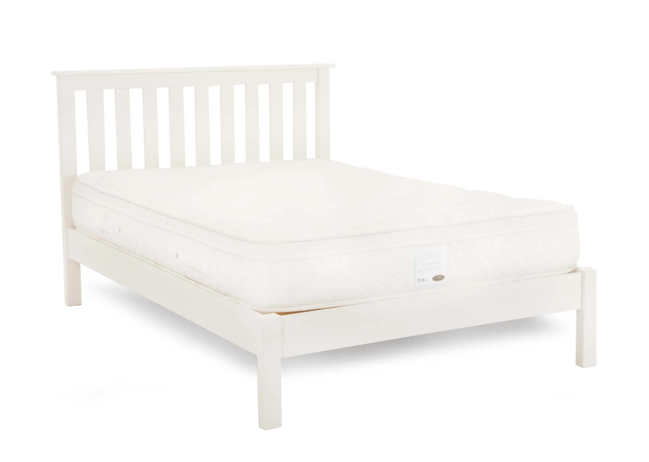 A white pine wood 4ft6 bedframe from EZ Living Furnitures Atlas range.  Angled view of slatted headboard & mattress not included