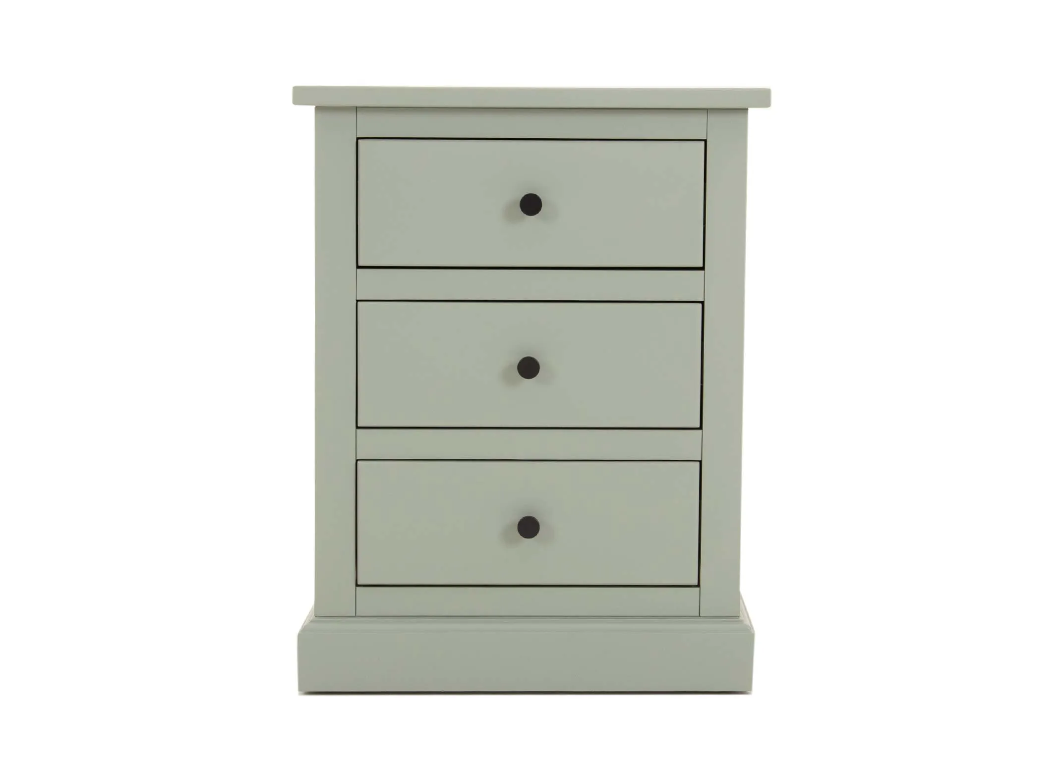 A light green pinewood 3 drawer locker from EZ Living Furnitures Atlas range Front view of metal round handles