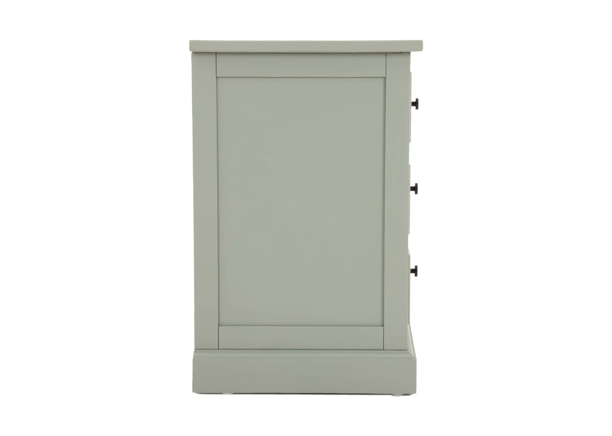 A light green pinewood 3 drawer locker from EZ Living Furnitures Atlas range Side view of pael detail