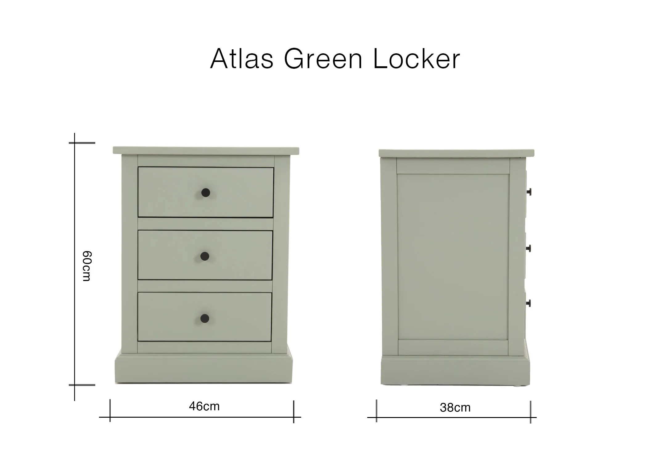 A dimension image of the Atlas Green Locker with 45cm (width) x 38cm (depth) x 60cm (height)
