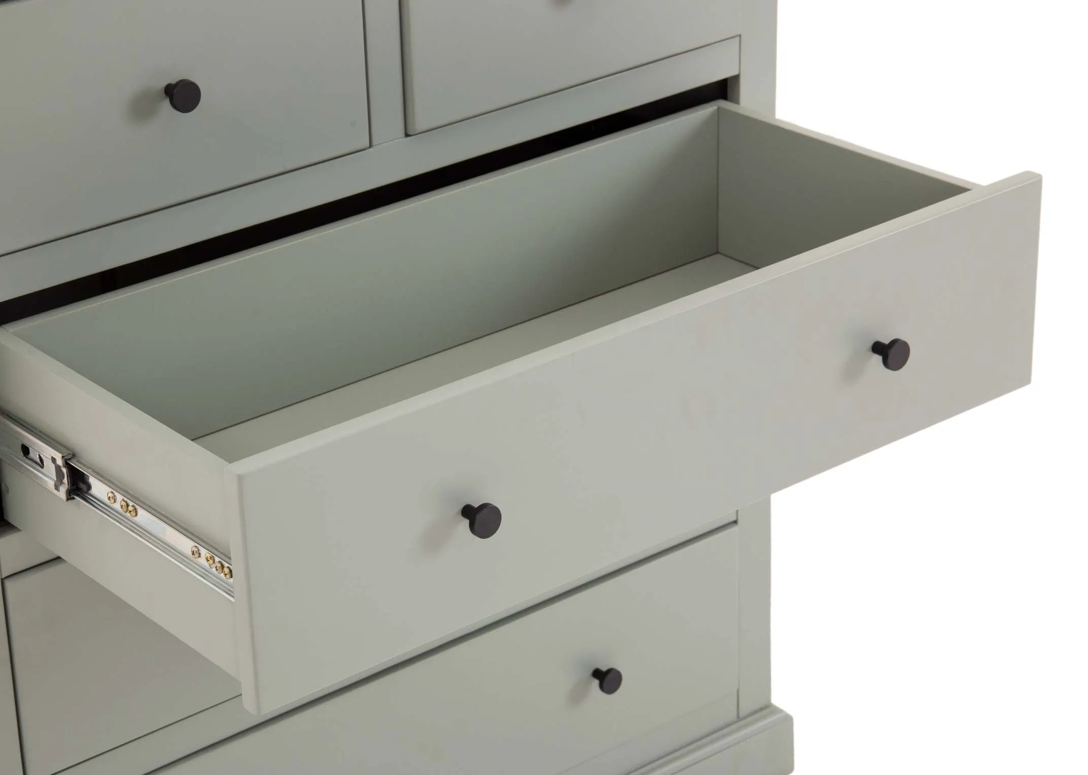 A green pine wood chest with 5 drawers from EZ Living Furnitures Atlas range. Front view of 2 small over 3 large drawers