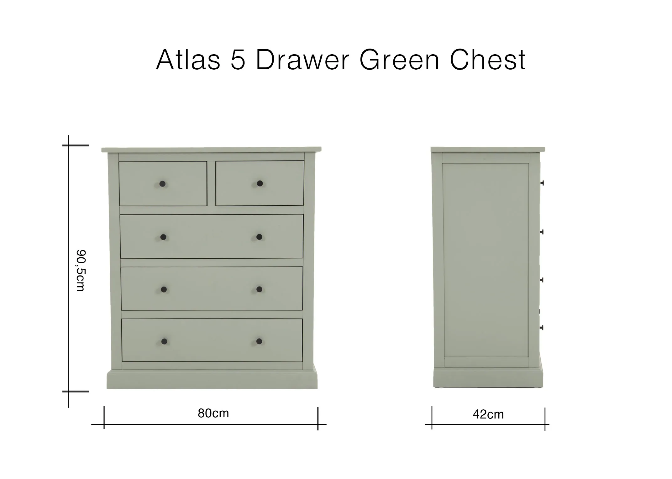 A dimension image for the Atlas Chest of Drawers with 90cm (width) x 42cm (depth) x 80cm (height)