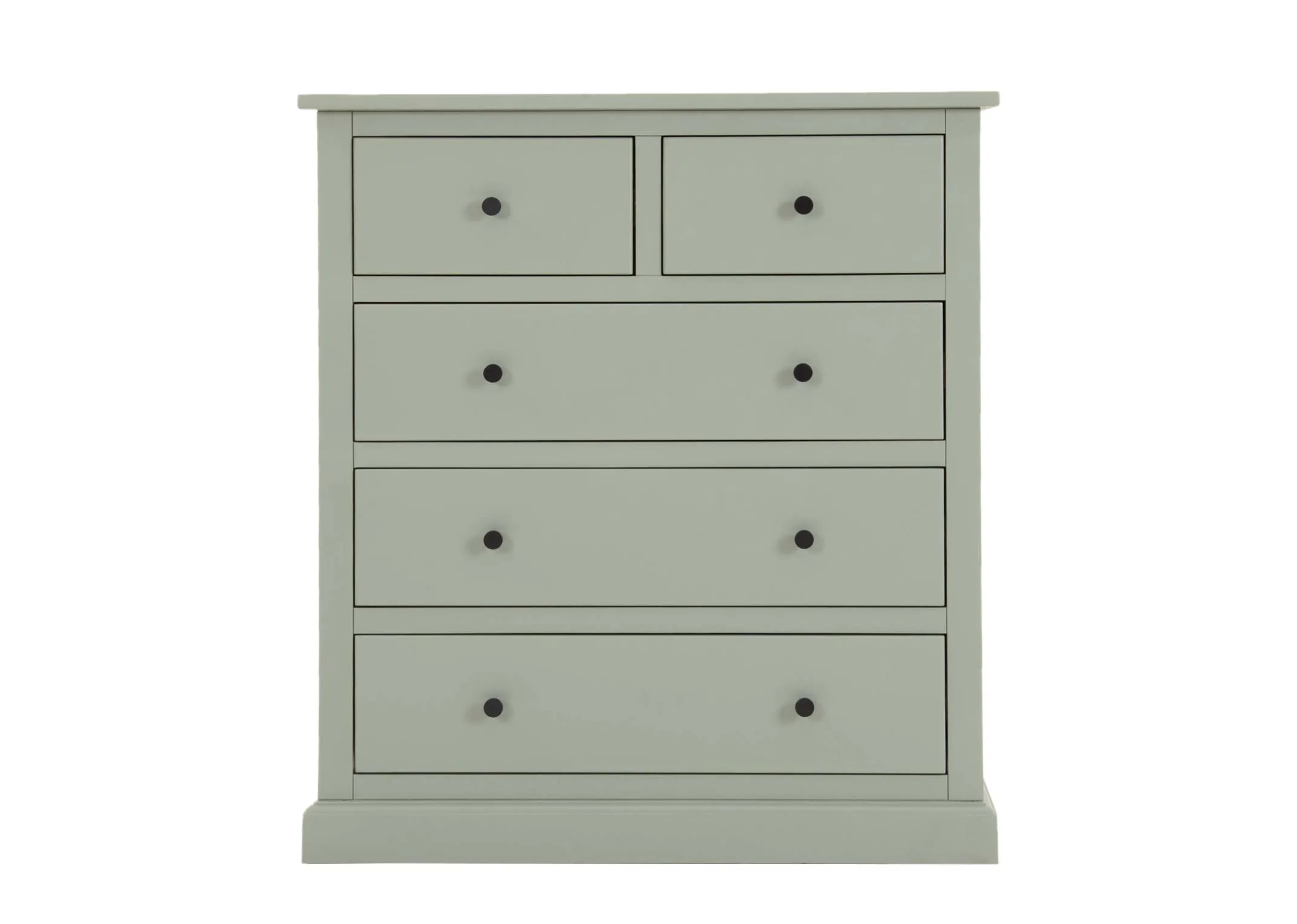 A green pine wood chest with 5 drawers from EZ Living Furnitures Atlas range. Side view of panel detail