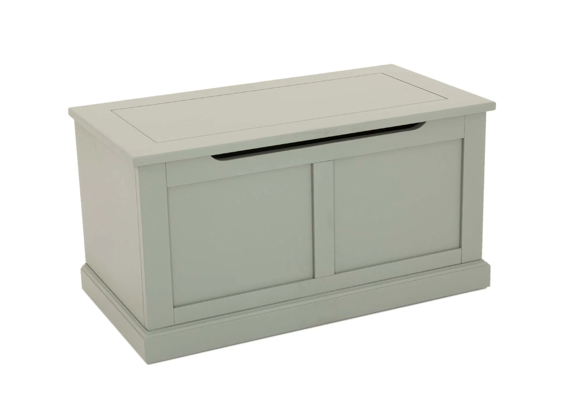 A light green pine wood blanket box from EZ Living Furnitures Atlas range. Angled view of soft lid top and easy to lift gap