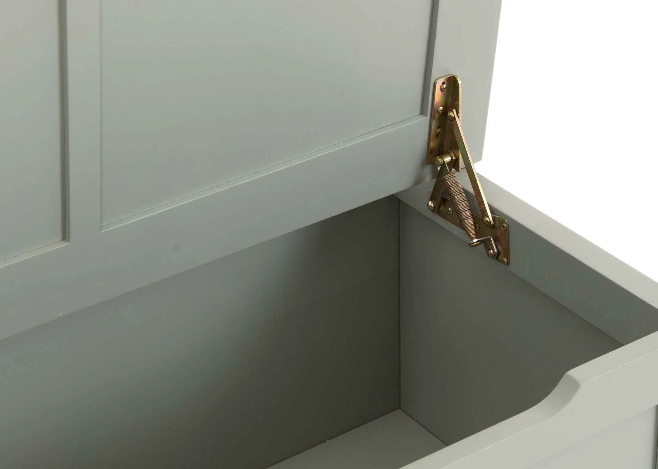 A light green pine wood blanket box from EZ Living Furnitures Atlas range. Closeup of hinge corners