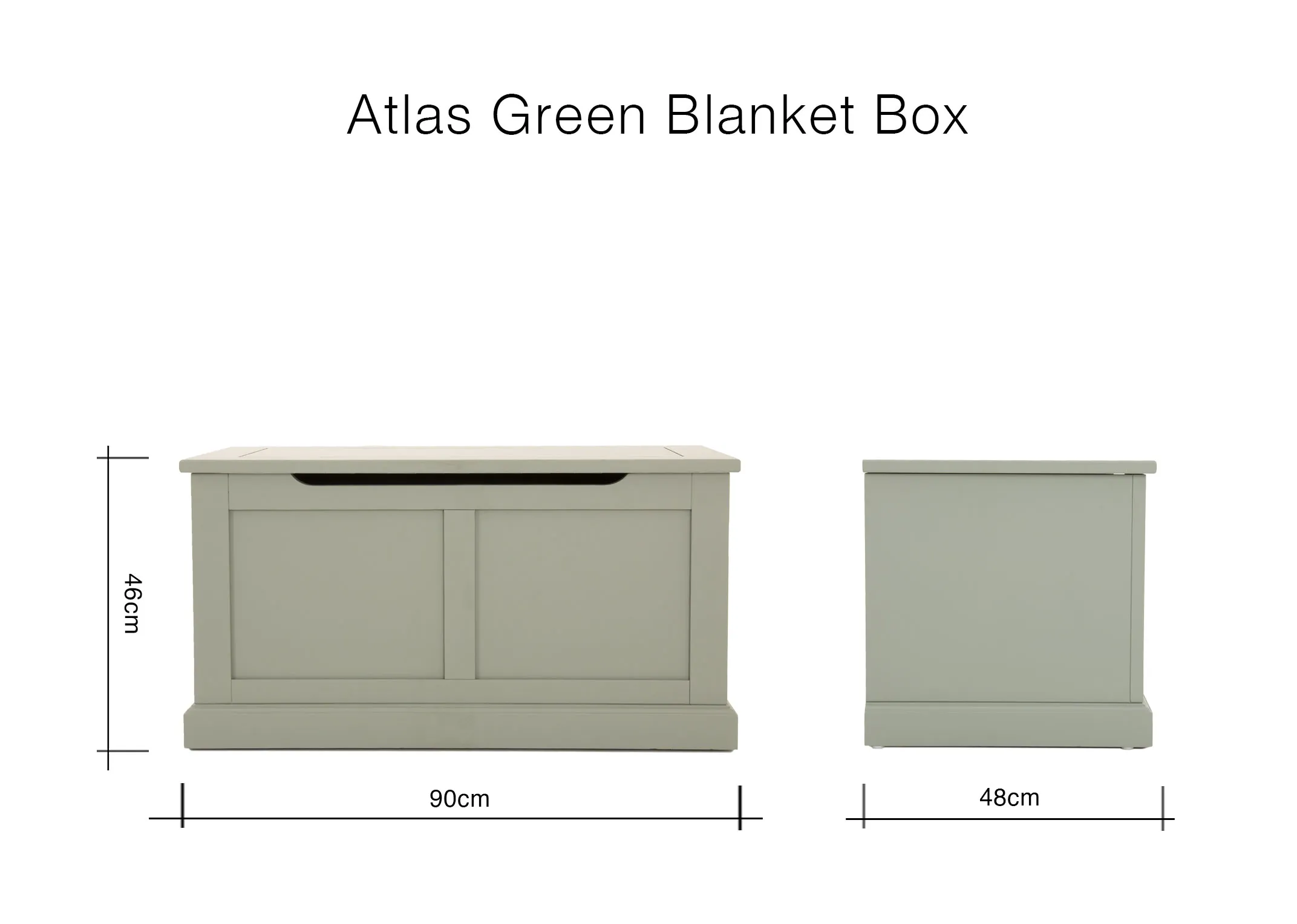 A dimension image of the Atlas blanket box with 90cm x 48cm x 46cm