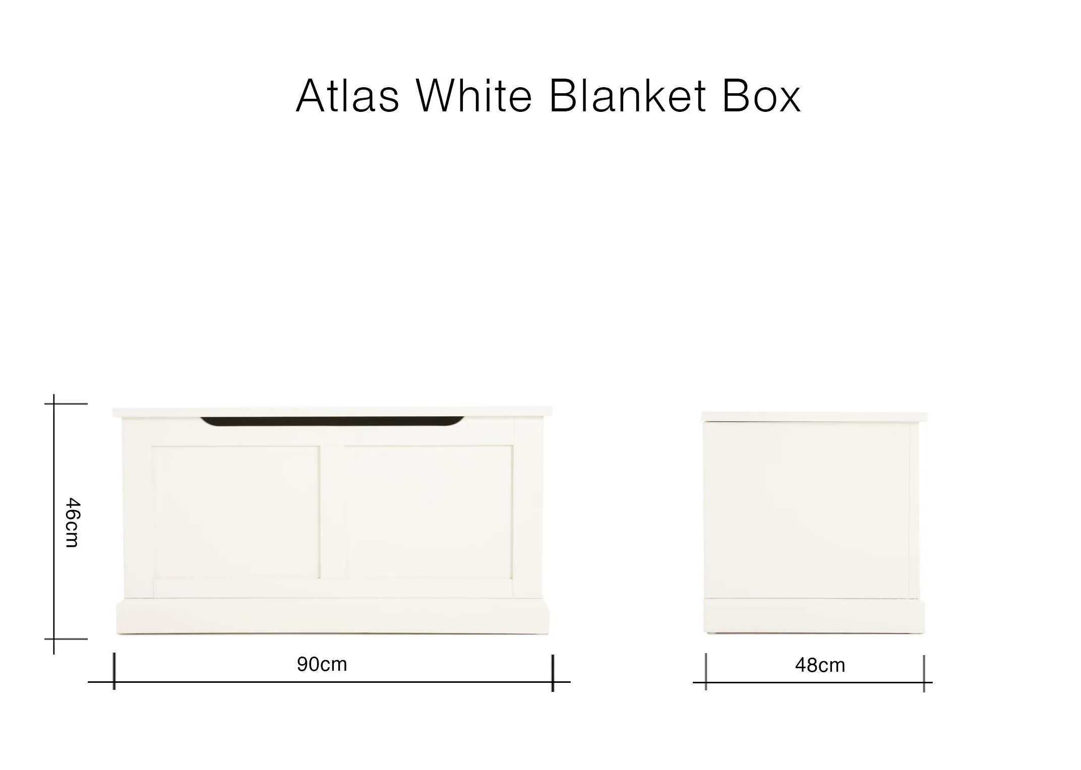 A dimension image of the Atlas White Blanket Box with 90cm (width) x 48cm (depth) x 46.5cm (Height)