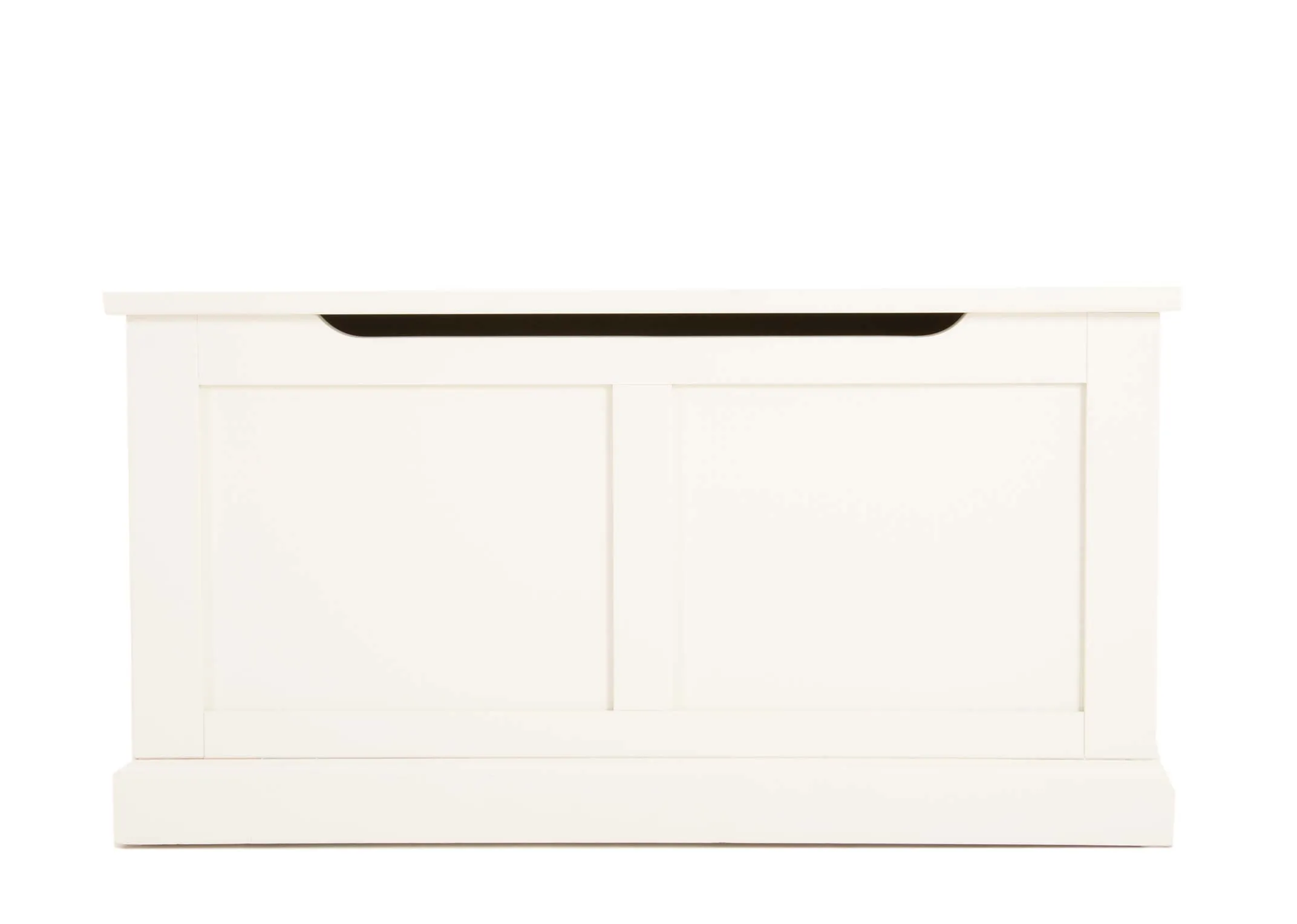 A white pine wood blanket box from EZ Living Furnitures Atlas range. Front view showing easy to lift lip