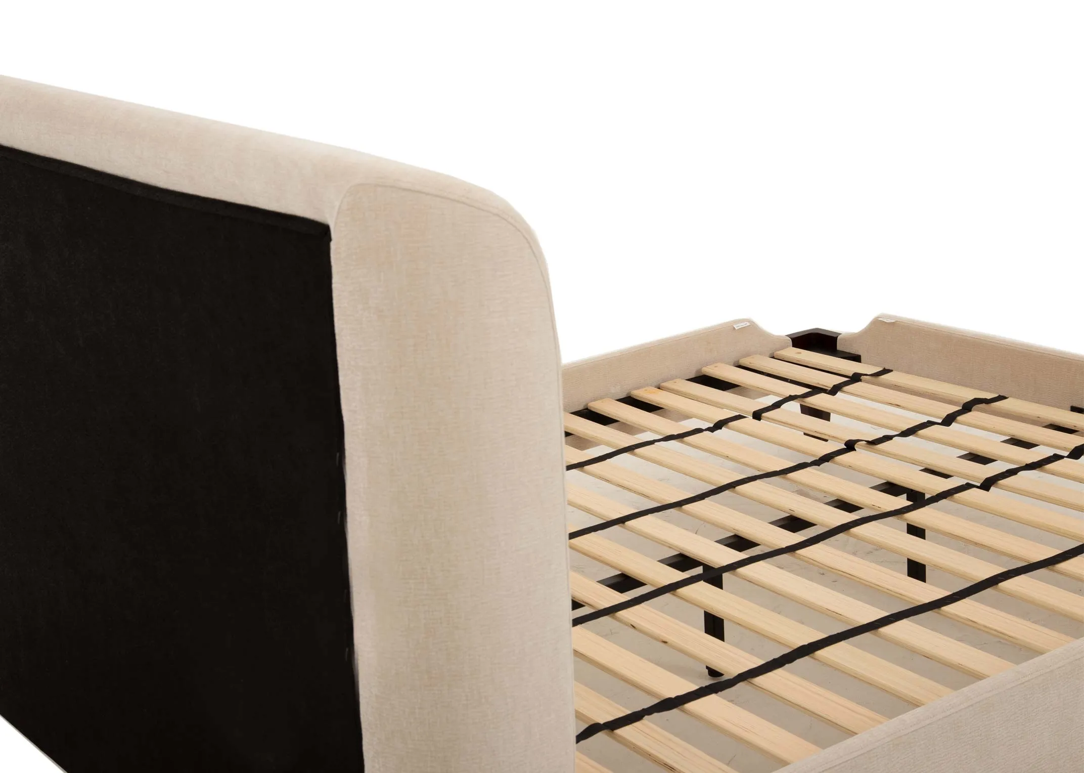 A double 4ft6 beige fabric bedframe from EZ Livings Calm Range. Back view of slatted base