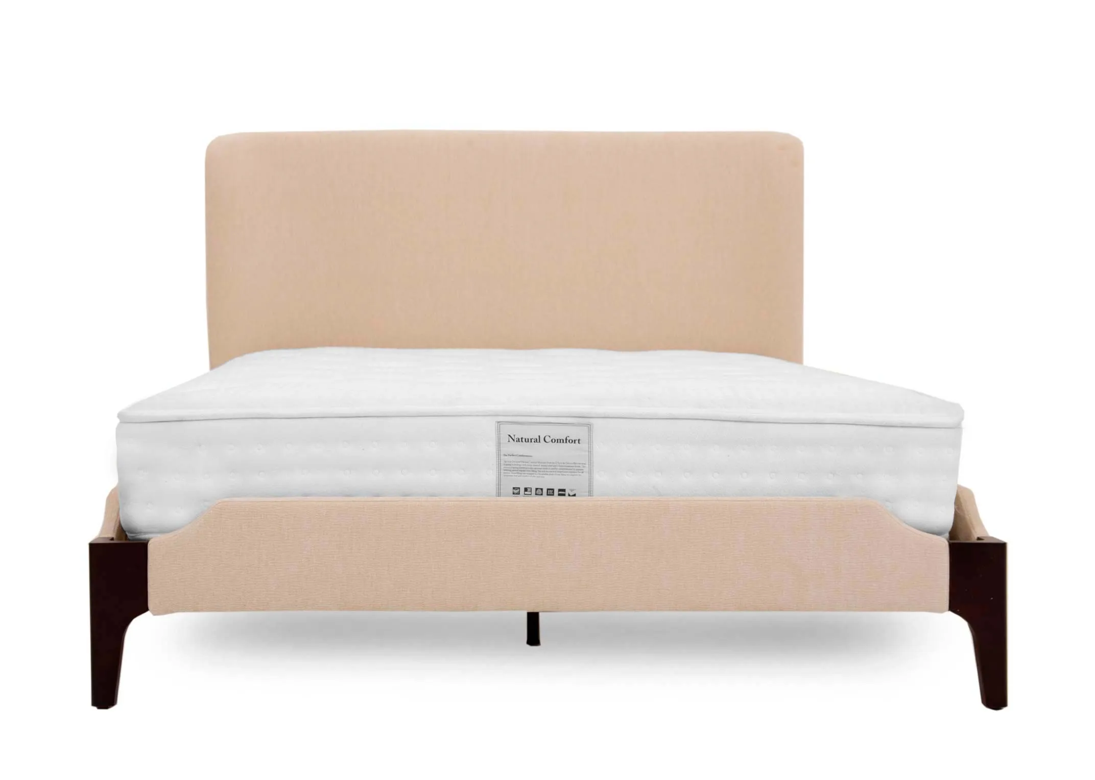 A double 4ft6 beige fabric bedframe from EZ Livings Calm Range. View from end of bed