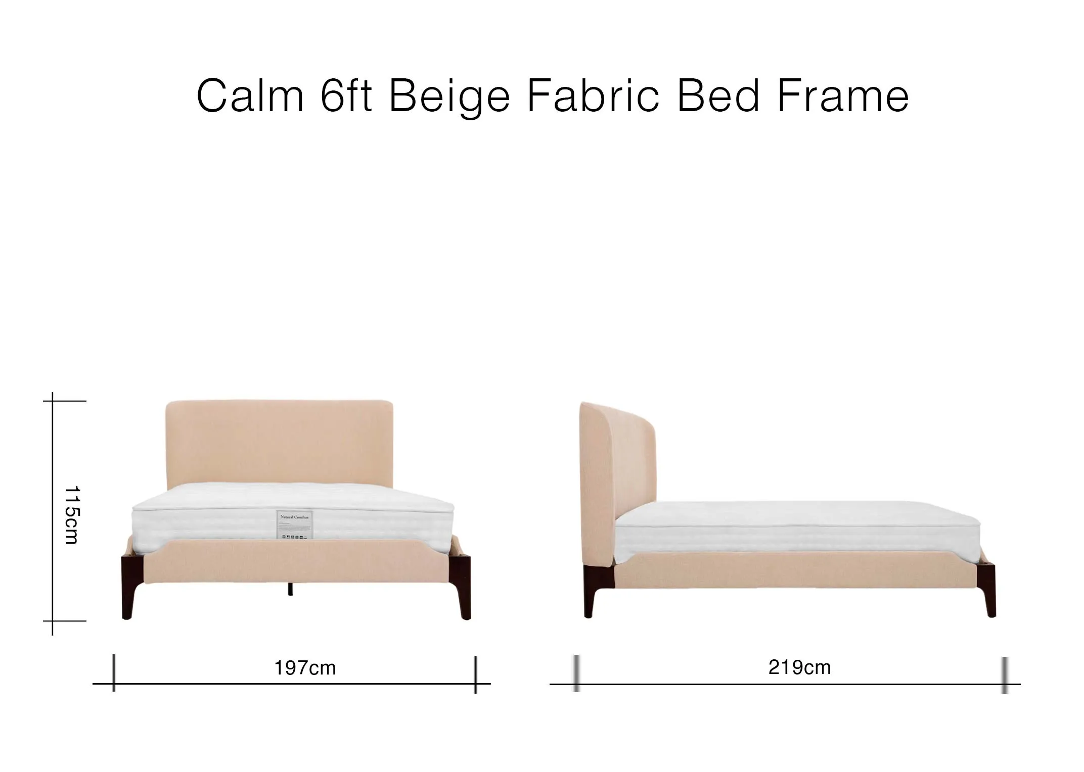 A dimension image of the Calm 6ft Beige Bedframe with 197cm x 218cm x 115cm