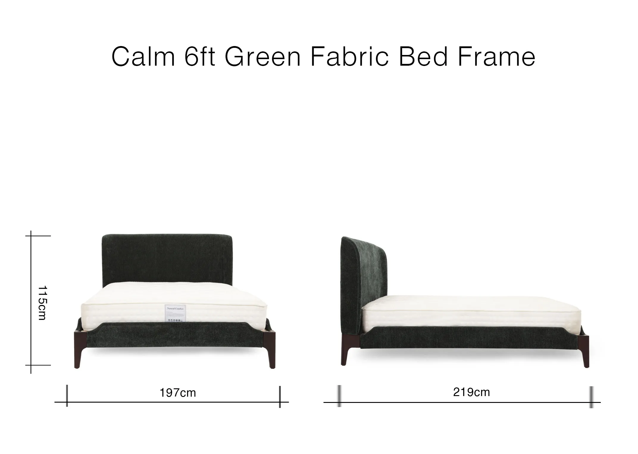 A dimension image of the Calm 6ft bed with 197cm x 219cm x 115cm