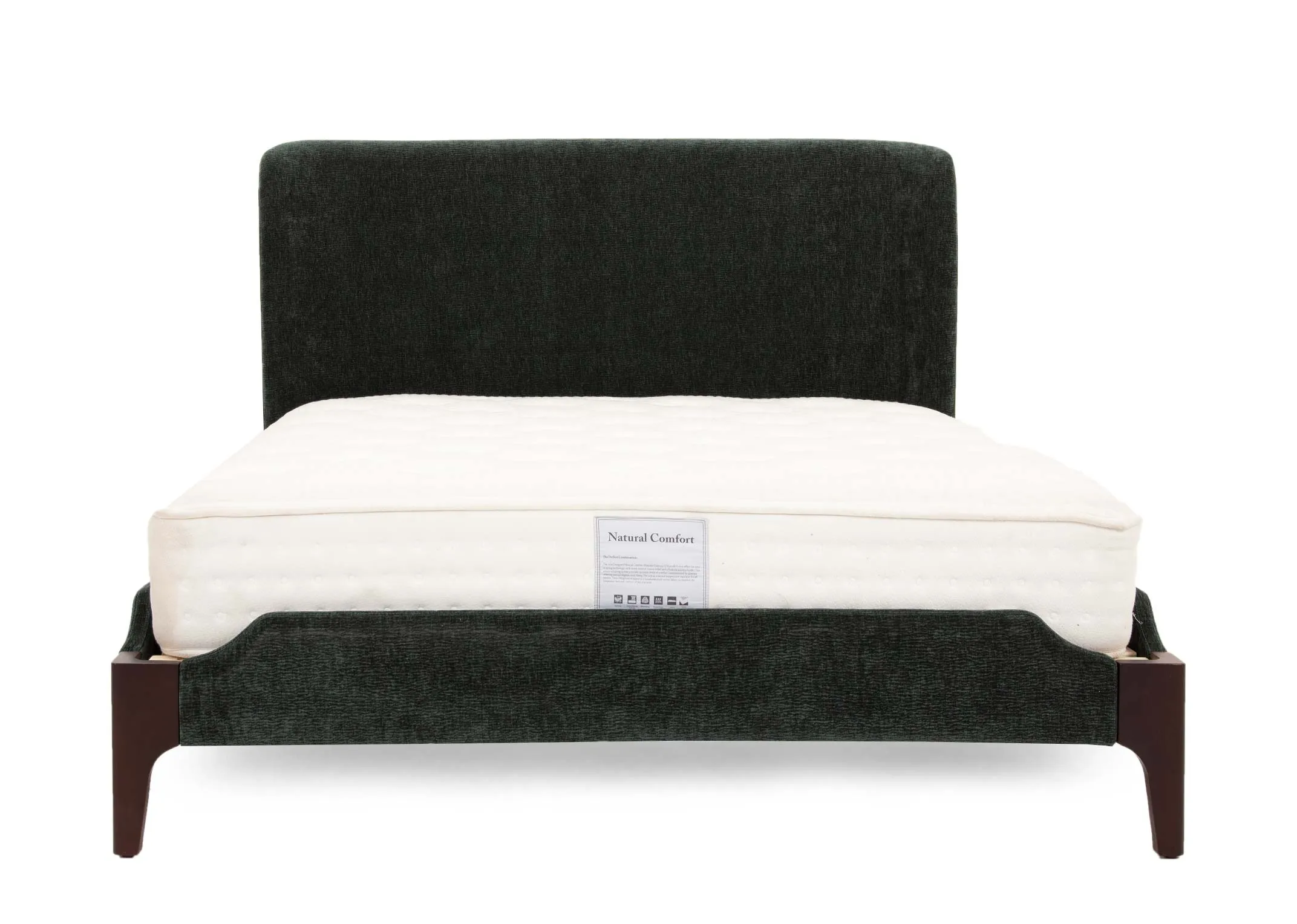 A super king 6ft dark green fabric bedframe from EZ Livings Calm Range. Front view of high headboard