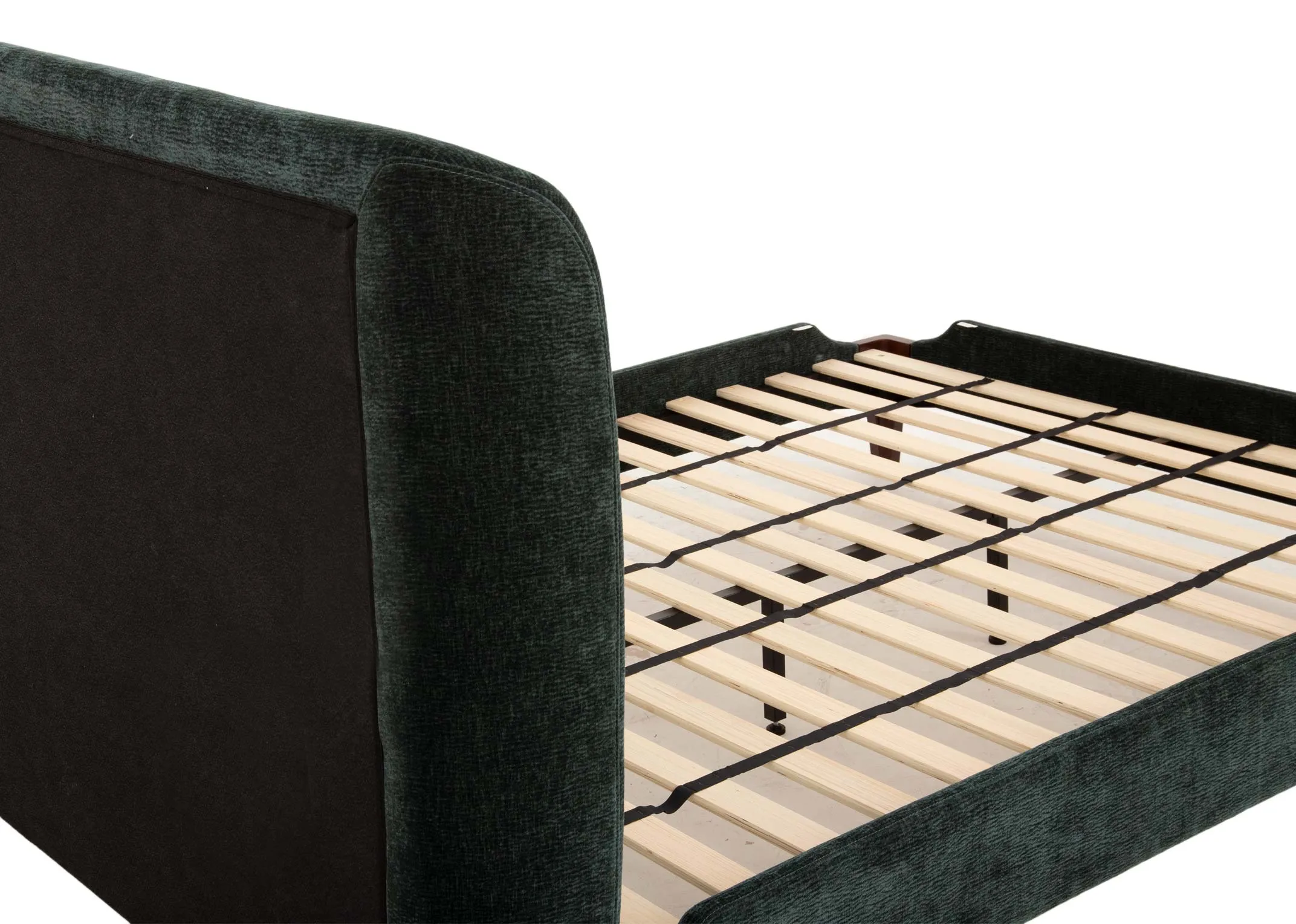 A super king 6ft dark green fabric bedframe from EZ Livings Calm Range. Closeup view of slatted base.