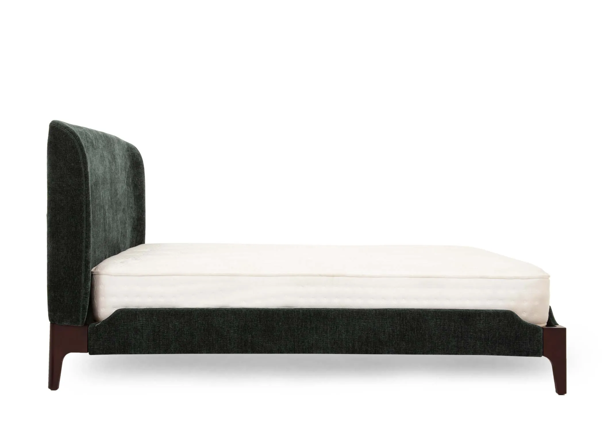 A super king 6ft dark green fabric bedframe from EZ Livings Calm Range. Side view of walnut feet
