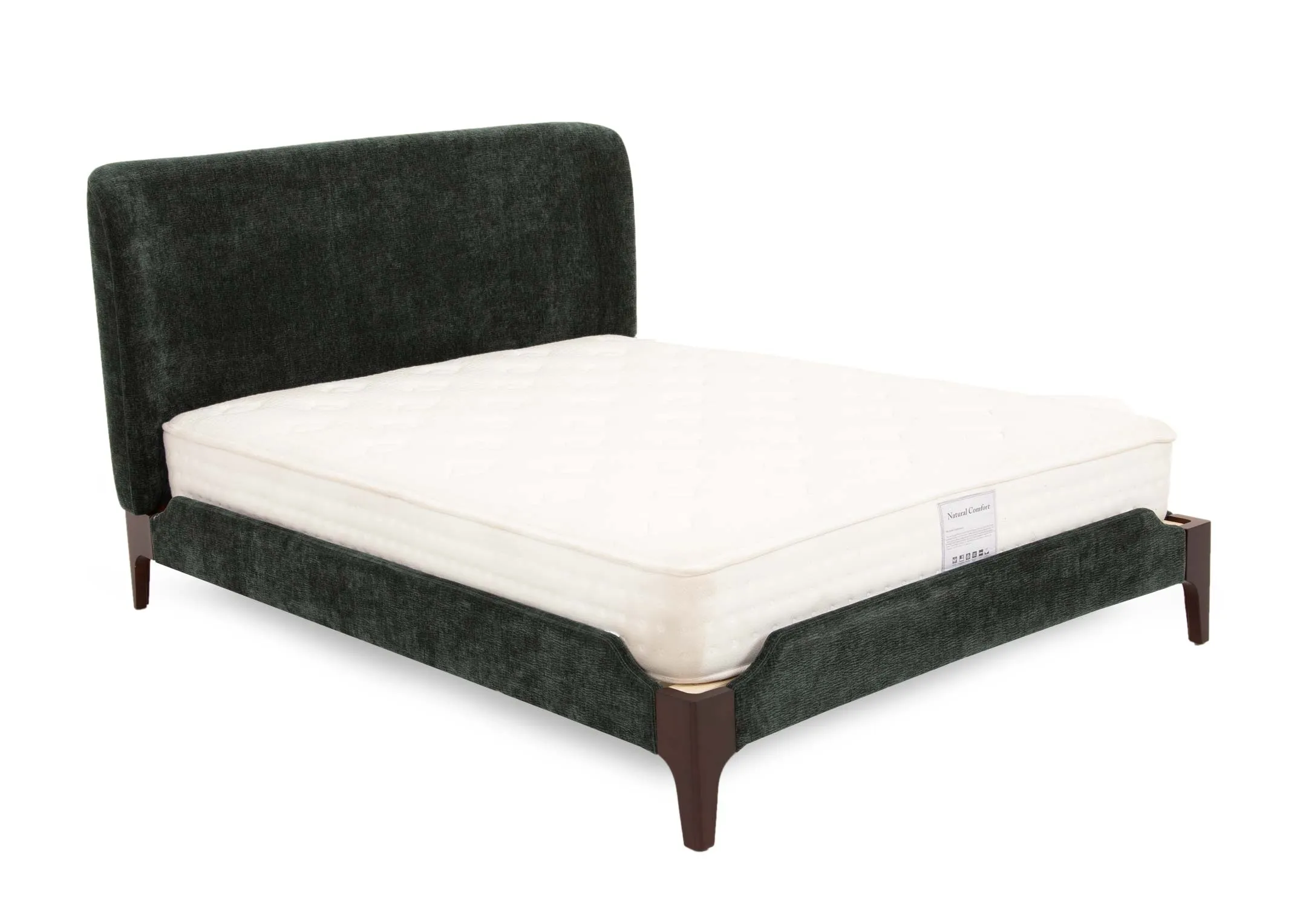 A double 4ft6 dark green fabric bedframe from EZ Livings Calm Range. Angled view of bed with mattress not included.
