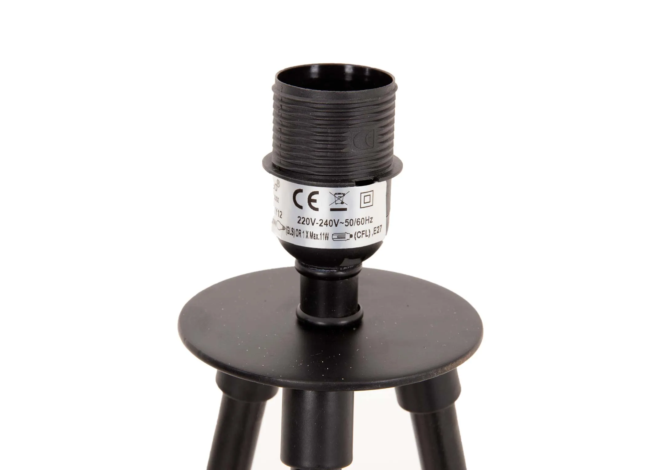 A black metal tripod floor lamp with white pleated shade from EZ Livings Starlette range. Closeup of E27 lamp fitting for bulb