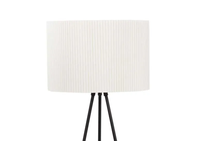 A black metal tripod floor lamp with white pleated shade from EZ Livings Starlette range. Closeup of pleated white shade