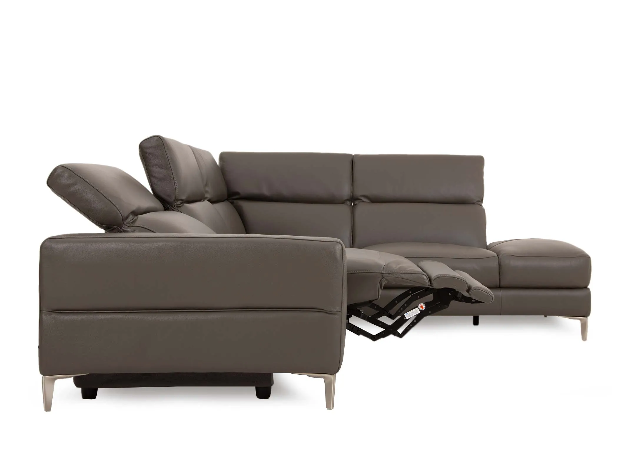A grey leather electric reclining corner chaise from EZ Livings Vancouver range. Side view of reclined