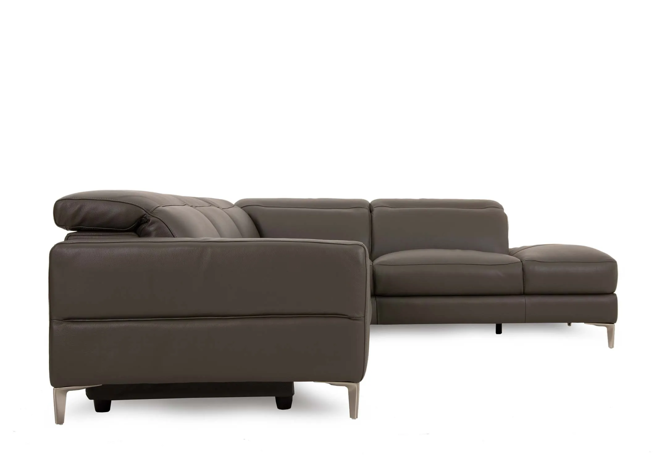 A grey leather electric reclining corner chaise from EZ Livings Vancouver range. Side view