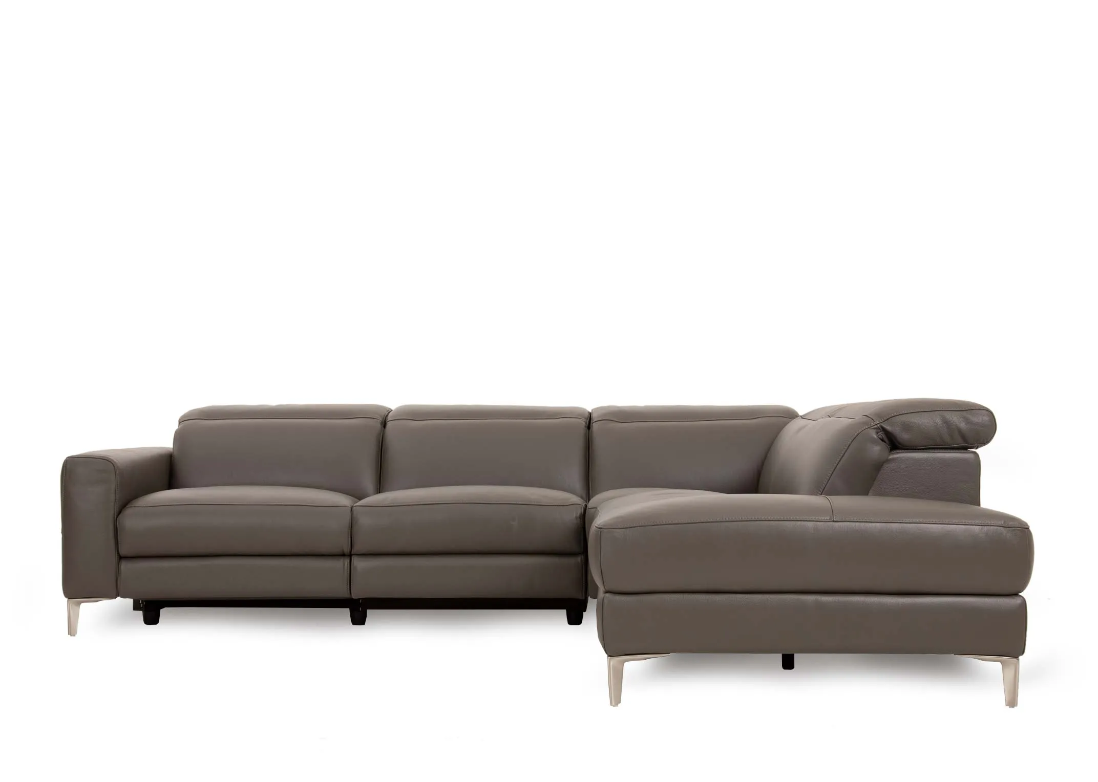 A grey leather electric reclining corner chaise from EZ Livings Vancouver range. Front view
