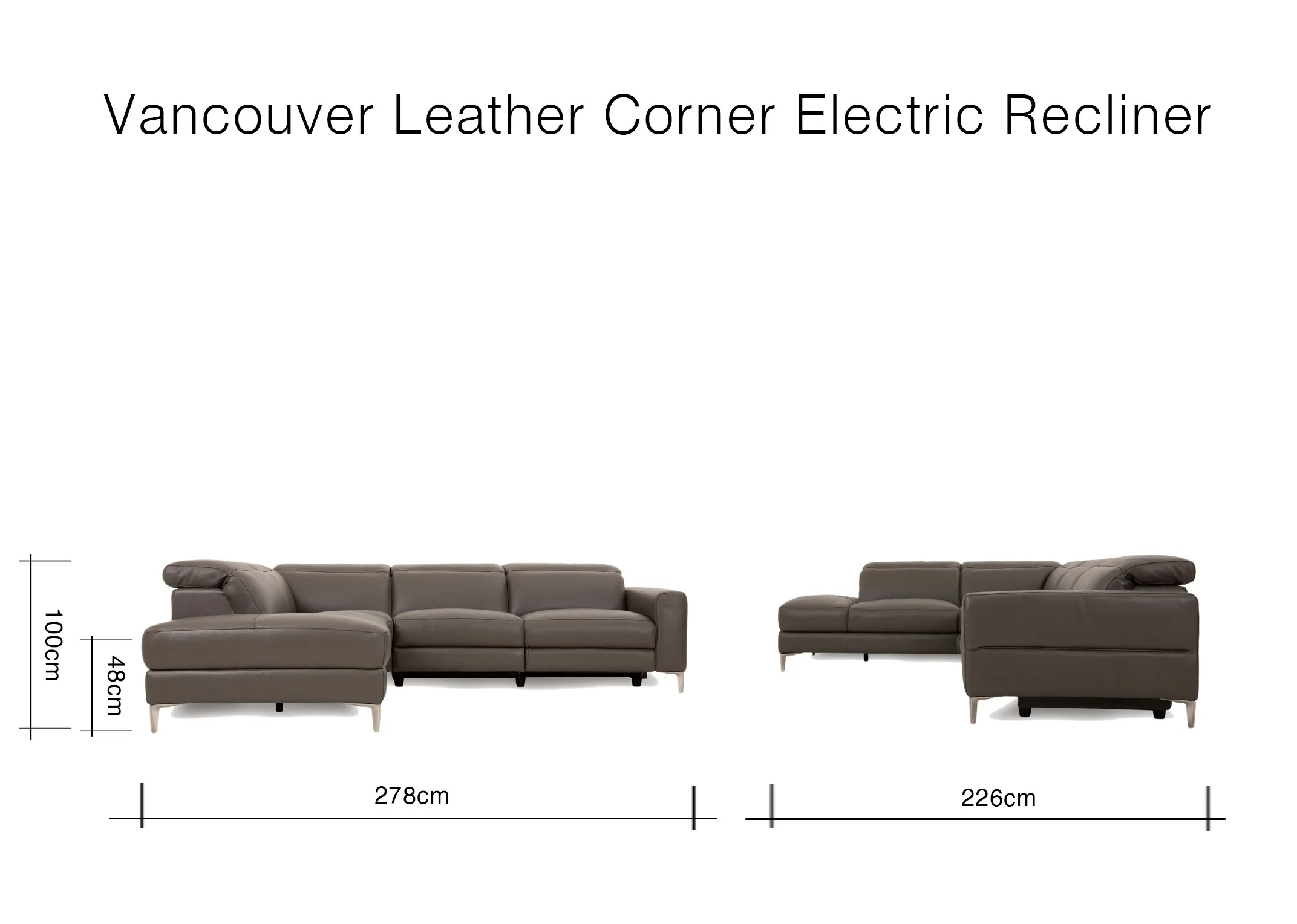 A dimension image of the Vancouver Corner chaise with 278cm x 226cm x 100cm