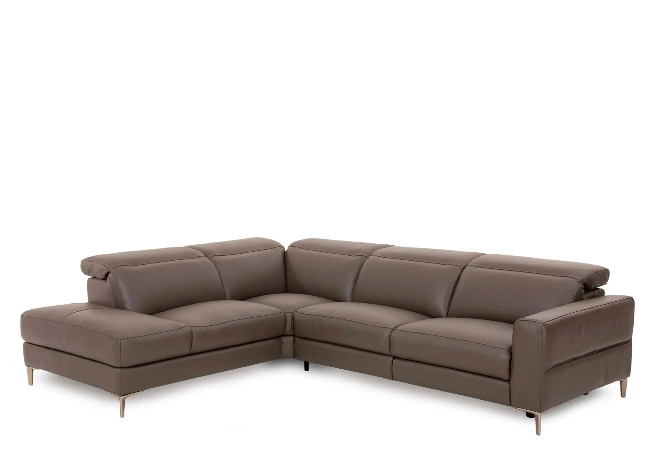 A grey leather electric reclining corner chaise from EZ Livings Vancouver range. Angled view