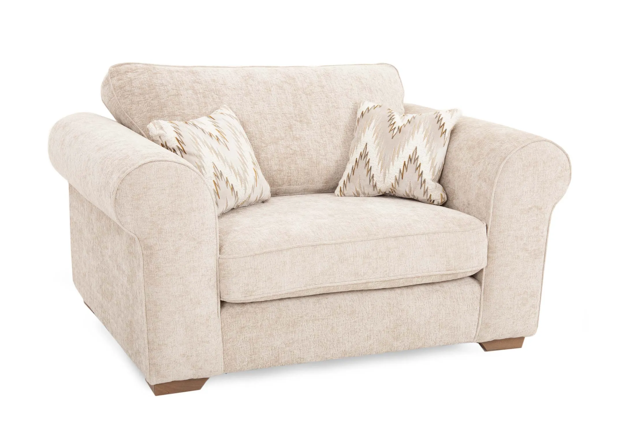 A cream fabric cuddler with 2 scatter cushions from EZ Livings Hayden Range. Angled view of oak feet.