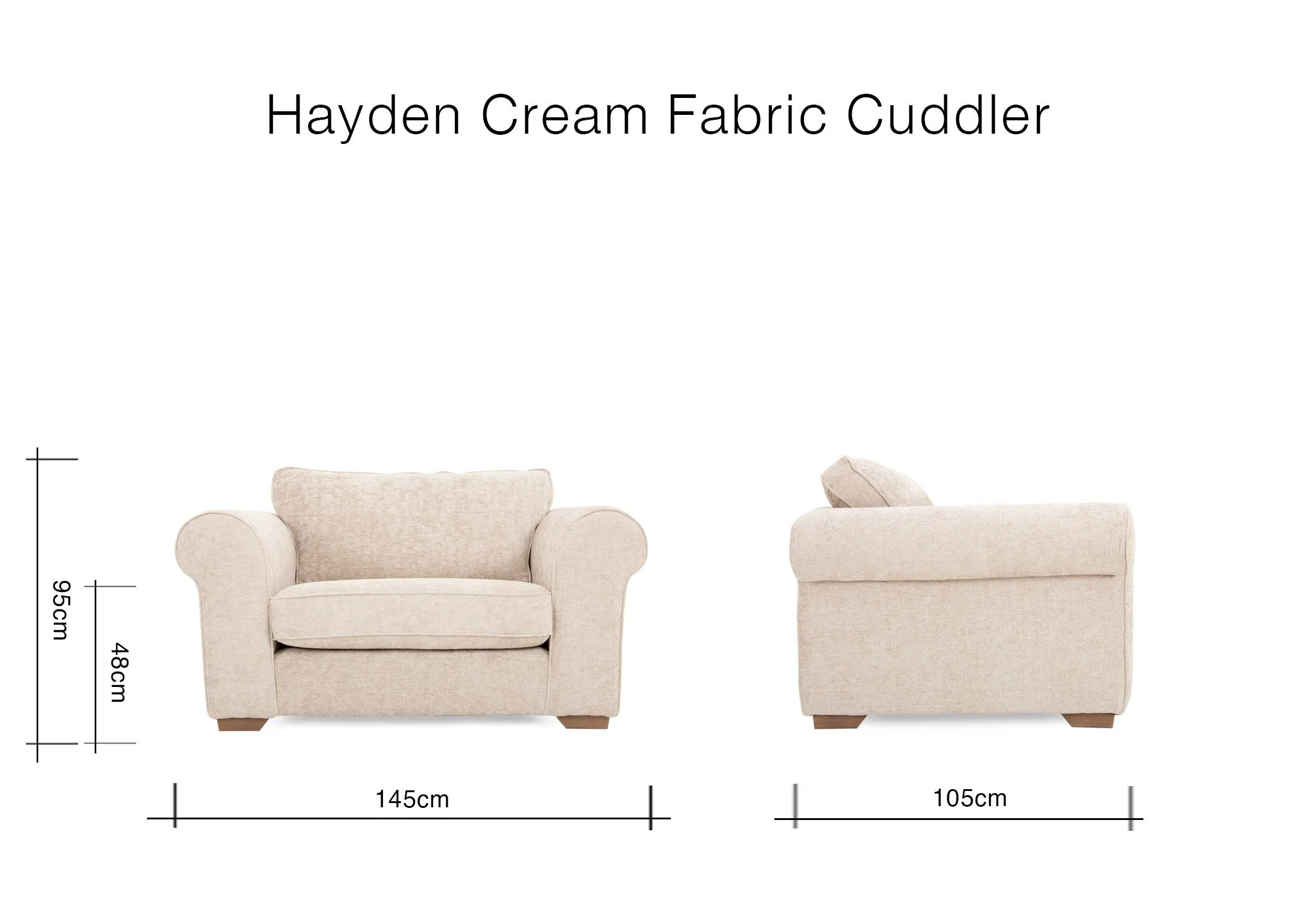 A dimension image of the Hayden Cuddler with 145cm x 105cm x 95cm
