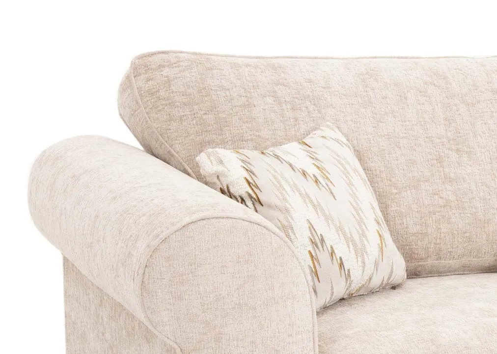 A cream fabric cuddler with 2 scatter cushions from EZ Livings Hayden Range. Closeup of curved arms