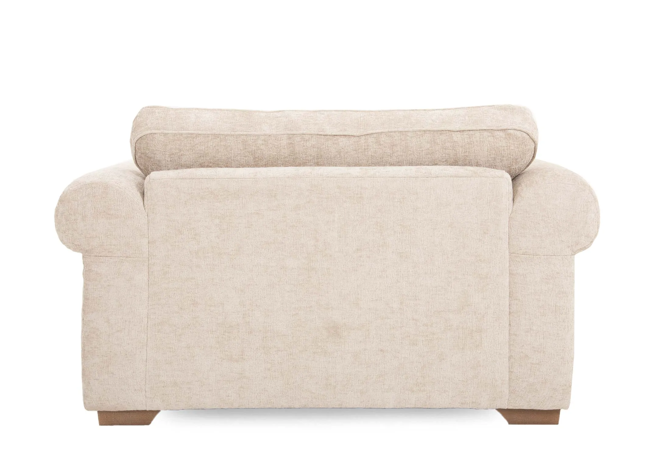 A cream fabric cuddler with 2 scatter cushions from EZ Livings Hayden Range. Back view