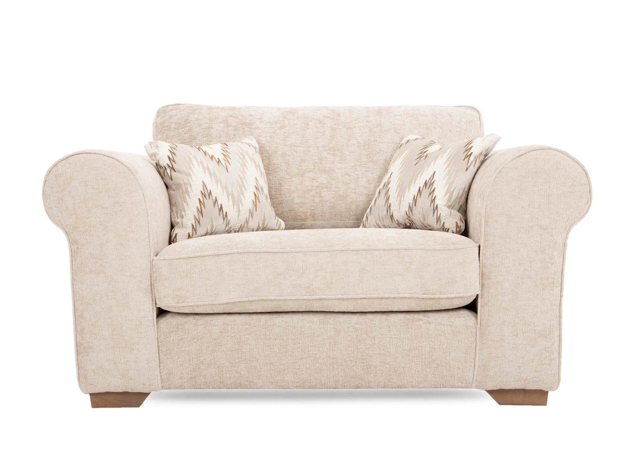 A cream fabric cuddler with 2 scatter cushions from EZ Livings Hayden Range. Front view with cushions