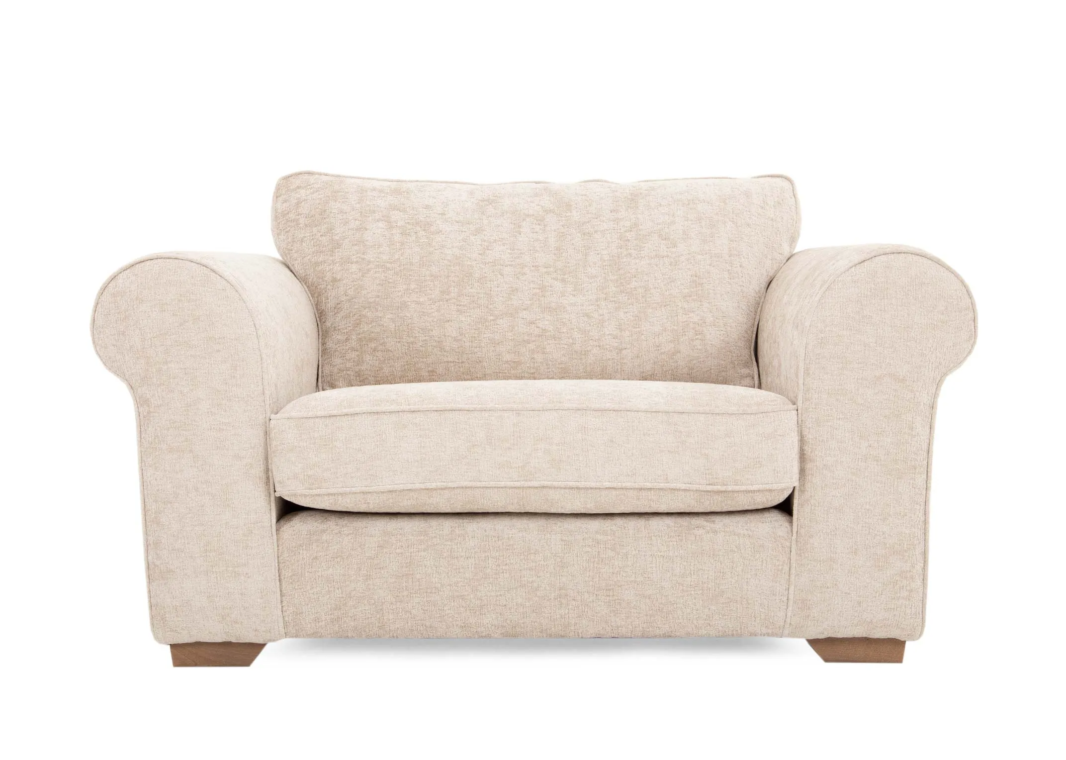 A cream fabric cuddler with 2 scatter cushions from EZ Livings Hayden Range. Front view no ushions