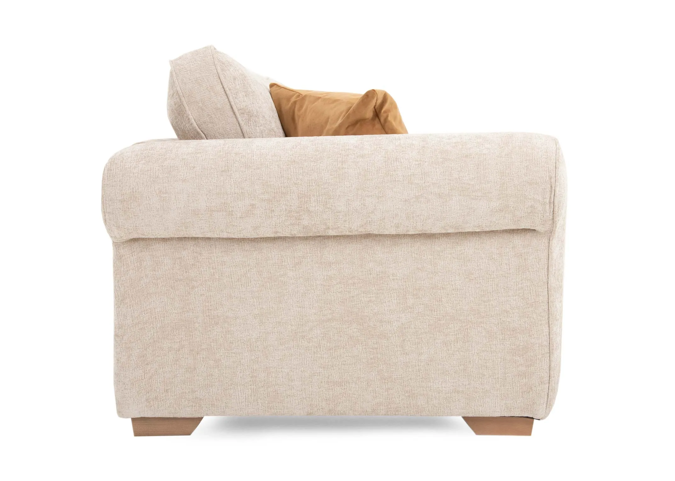 An extra large cream pillowback sofa with 5 accent & 2 scatter cushions from EZ Livings Hayden range. Side view of oak feet