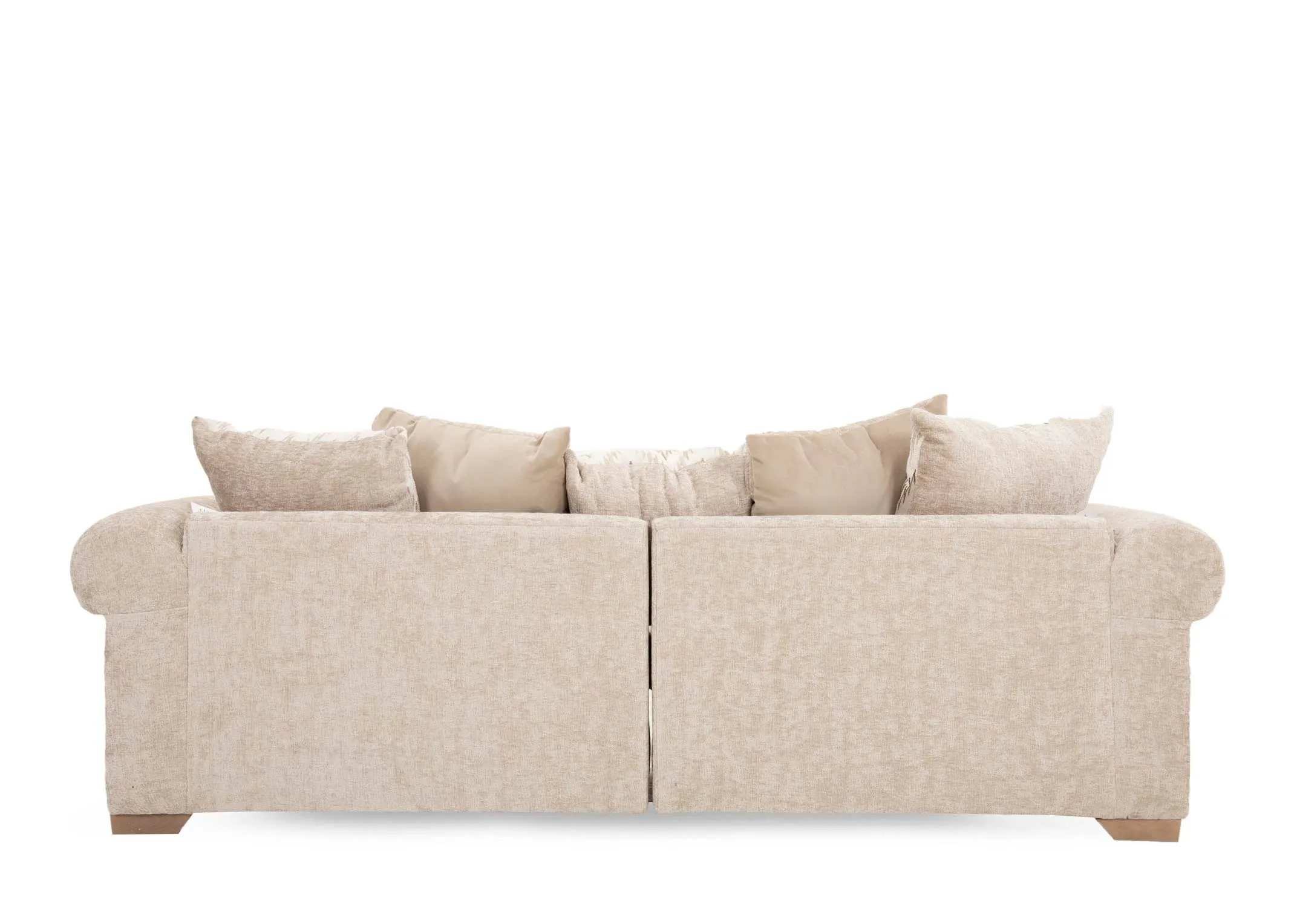 An extra large cream pillowback sofa with 5 accent & 2 scatter cushions from EZ Livings Hayden range. Back view of warrantied frame