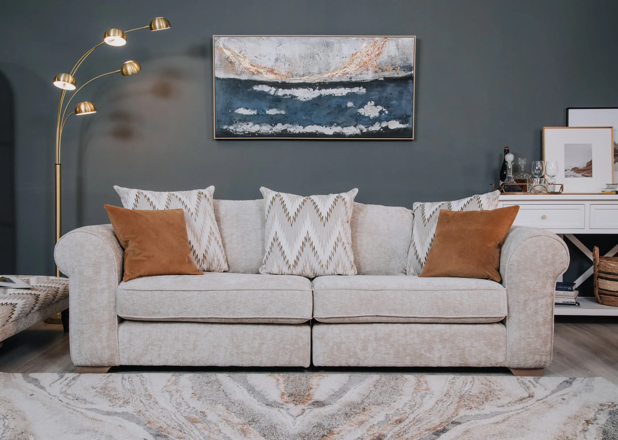 A lifestyle image of the Hayden sofa with Hampton and Captivating canvas.
