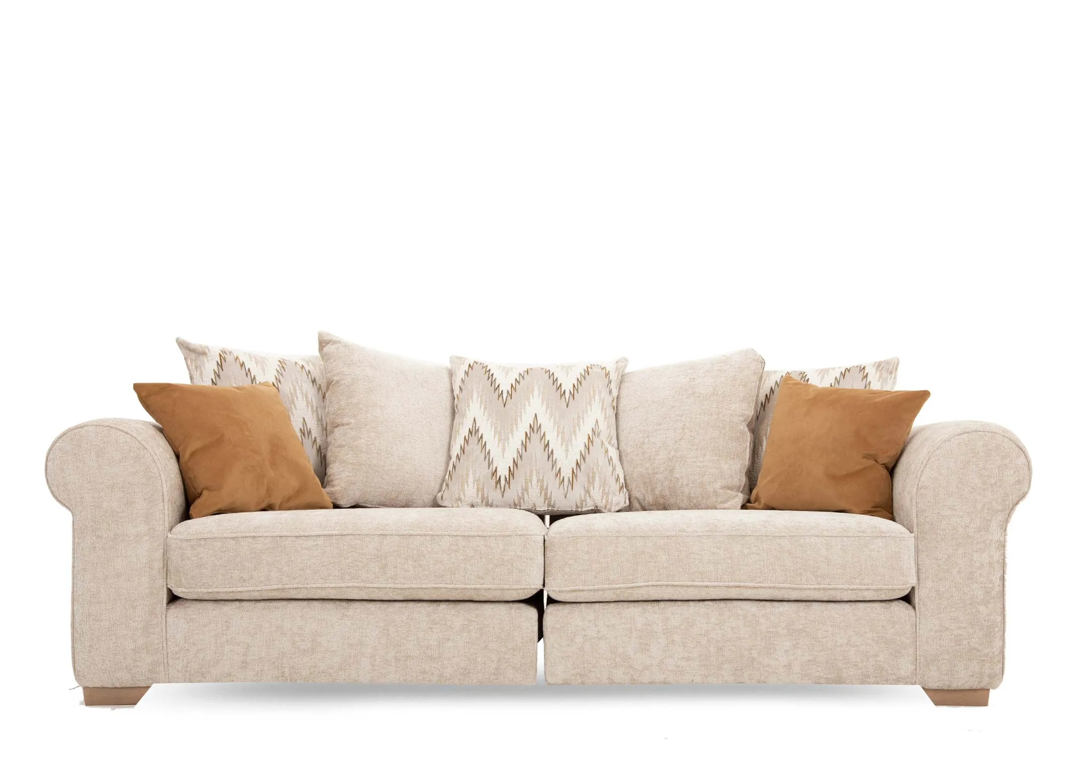 An extra large cream pillowback sofa with 5 accent & 2 scatter cushions from EZ Livings Hayden range.  Side view of oak feet