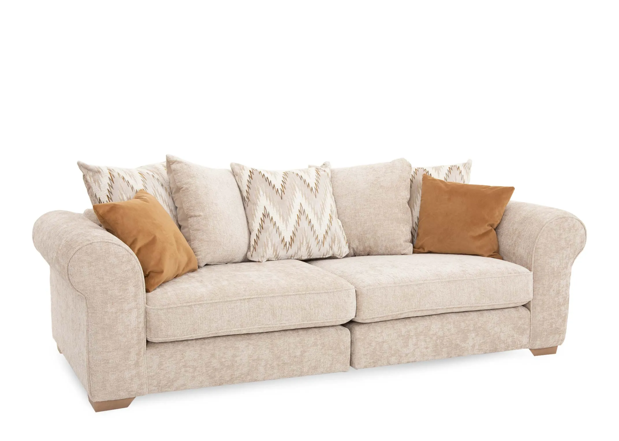 An extra large cream pillowback sofa with 5 accent & 2 scatter cushions from EZ Livings Hayden range. Angled view