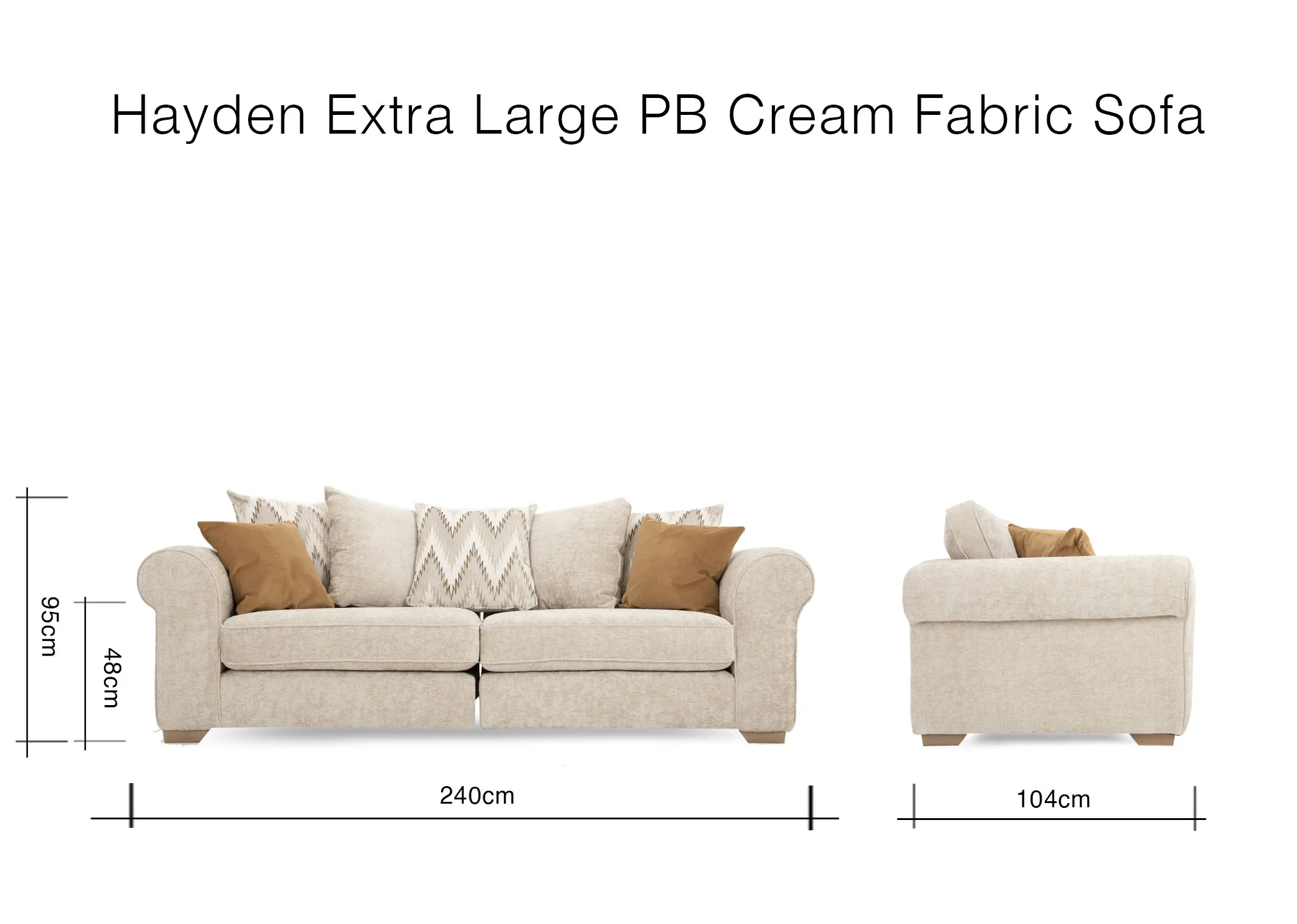 A dimension image of the Hayden Pillowback sofa with 240cm x 104cm x 95cm