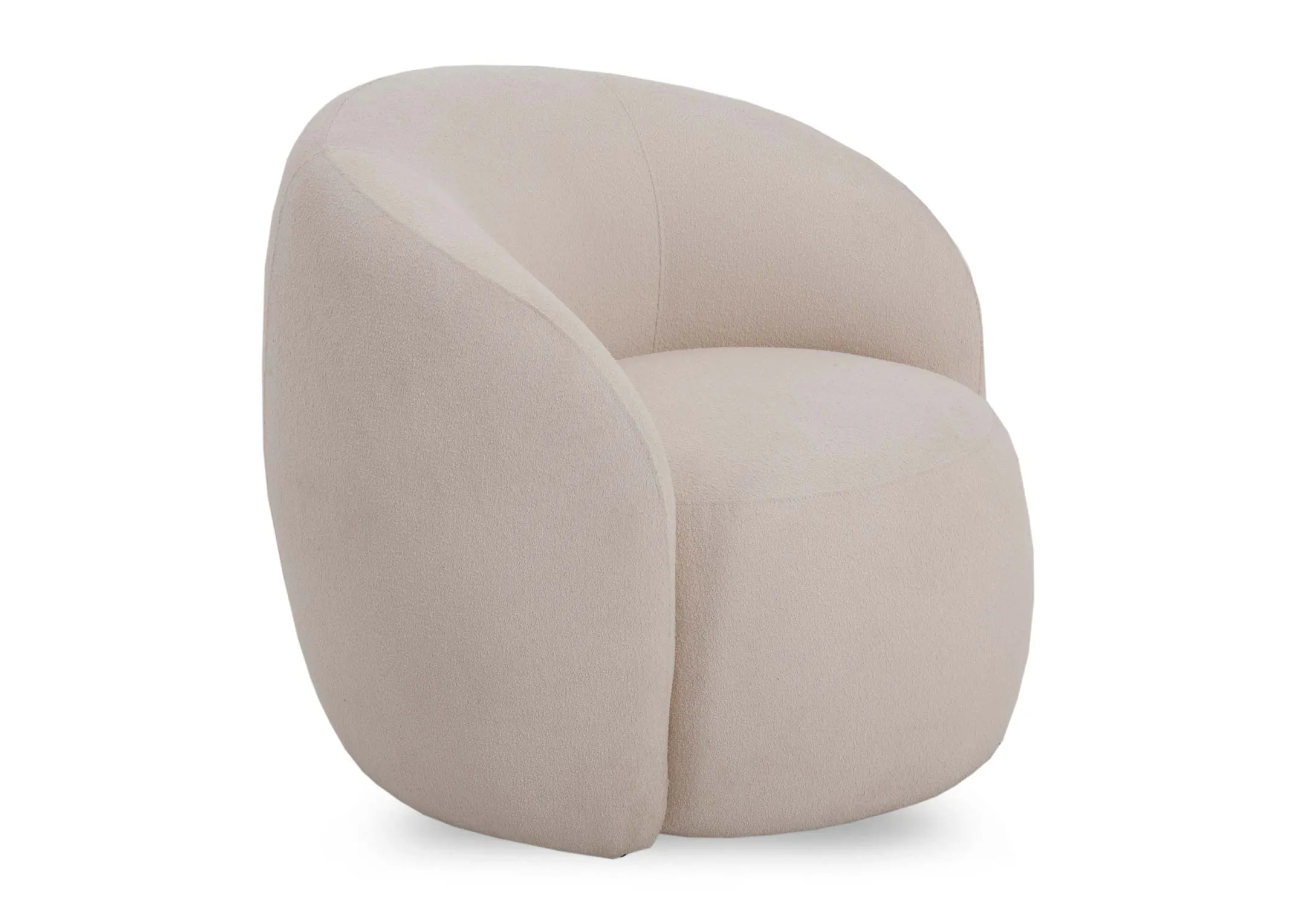 An off white boucle fabric accent chair from EZ Livings Florance Range. Agled view of round cruved chair.